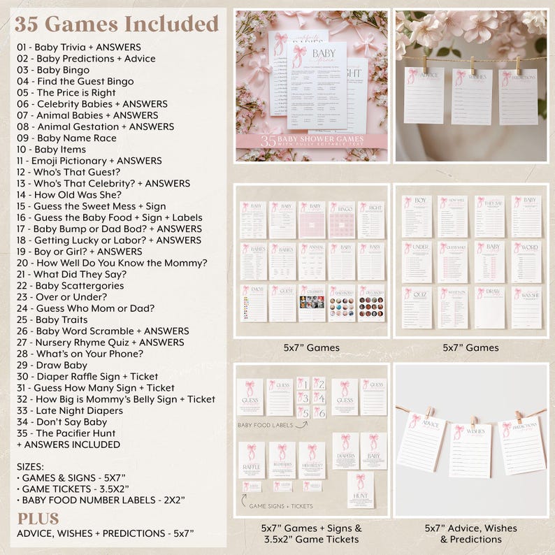 Pink Bow Baby Shower Invitation Bundle Printable, Pink Bow Invitation and Editable Games, Pink Coquette Bow Baby Shower Decoration Baby Girl image 6