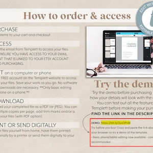 May include: A how-to guide for ordering and accessing editable templates. The guide includes instructions for purchasing, accessing, editing, downloading, and printing or sending digital files. The guide also includes a demo link to try the template before purchasing. The demo link is https://bit.ly/3yxOPnM.