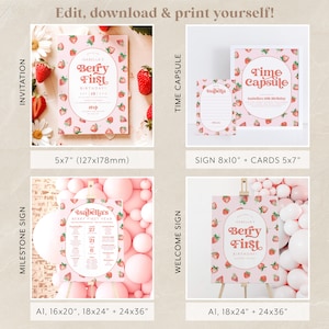 May include: Printable set of pink and red strawberry themed party decorations for a first birthday. The set includes a welcome sign, milestone sign, invitation, and time capsule cards. The signs are available in various sizes, including 16x20 inches, 18x24 inches, and 24x36 inches.