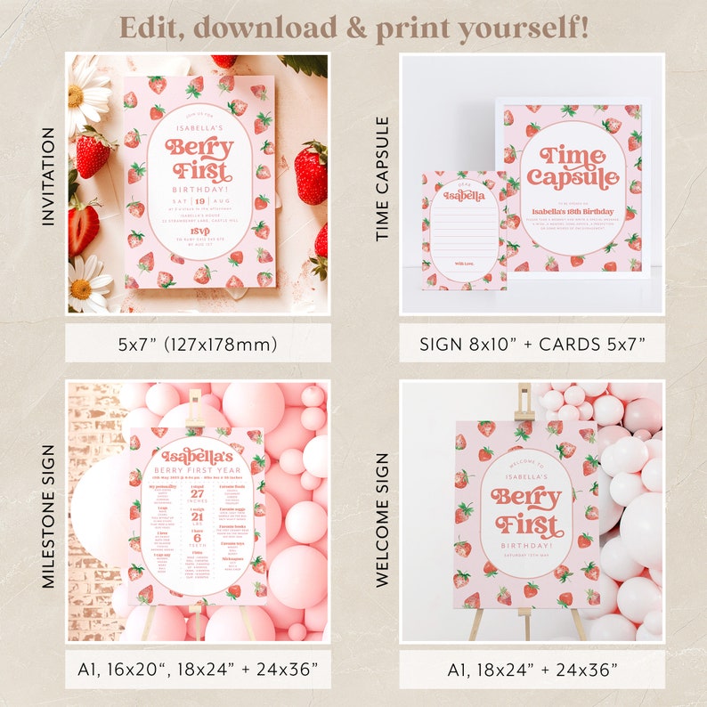 May include: Printable set of pink and red strawberry themed party decorations for a first birthday. The set includes a welcome sign, milestone sign, invitation, and time capsule cards. The signs are available in various sizes, including 16x20 inches, 18x24 inches, and 24x36 inches.
