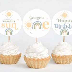 First Trip Around the Sun Cupcake Toppers, Printable Cupcake Topper, Rainbow 1st Birthday Editable Cupcake Toppers, Rainbow Sun 1st Birthday