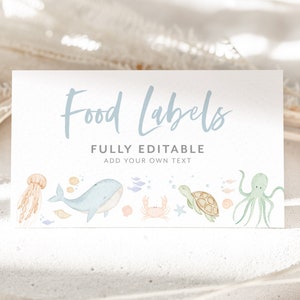 Under the Sea Baby Shower Food Labels, Ocean Animal Food Tent Cards, Folded Food Cards, Food Tented Cards, Under the Sea Food Labels, Boy