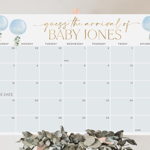 Baby Shower Due Date Calendar Boy, Blue Baby Birth Date Sign, Guess the Arrival Date Sign, Due Date Sign, Editable Printable Baby Shower