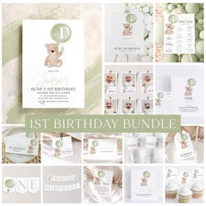 Beary First Birthday Invitation Bundle Sage Green, 1st Birthday Boy, First Birthday Party Decorations, Teddy Bear Balloon Birthday Bundle