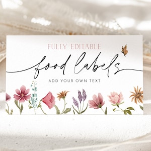 Rótulos de alimentos de flores silvestres, cartões de rótulos de alimentos de aniversário de flores, cartão de barraca de alimentos, etiquetas de alimentos de aniversário, cartões de alimentos dobrados, rótulos de alimentos em tenda, flores