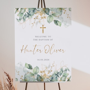 Printable Baptism Welcome Sign, Christening Welcome Sign, Greenery Welcome Sign, Greenery Baptism Welcome Sign, Greenery Gold Welcome Sign