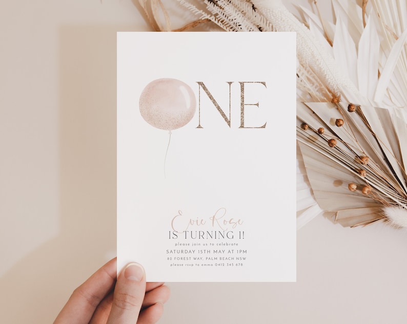 1st Birthday Invitation, Balloons Birthday Invitation, Pink Birthday Invite, 1st Birthday Girl, Girls First Birthday Balloon Pink and Gold image 1