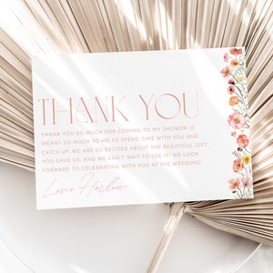 Wildflower Thank You Card Template, Printable Thank You Card Instant Download Thank You Card, Bridal Shower Thank You, Floral Thank You Pink
