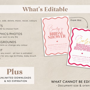 May include: Editable bridal shower invitation template with pink and red colours. The template features a wavy border and the text "Join us for Carly's Bridal Shower".