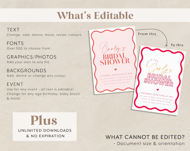 May include: Editable bridal shower invitation template with pink and red colours. The template features a wavy border and the text "Join us for Carly's Bridal Shower".