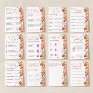 May include: Set of 12 baby shower game cards with floral and citrus fruit border designs. Games include "Boy or Girl", "How Well Do You Know the Mom?", "What Did They Say?", and "Baby Scattergories".