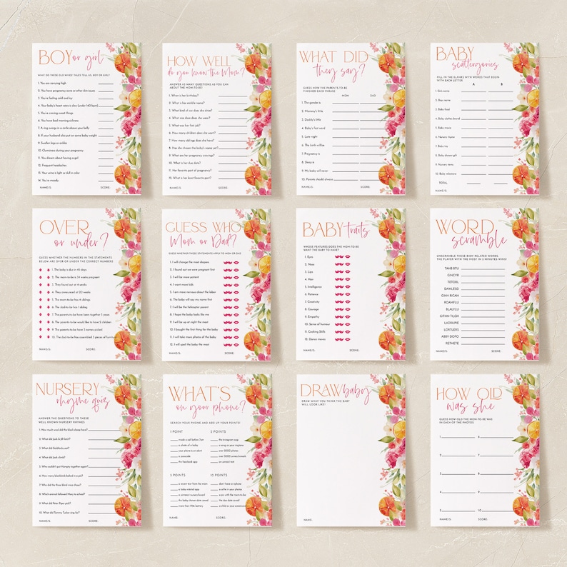 May include: Set of 12 baby shower game cards with floral and citrus fruit border designs. Games include "Boy or Girl", "How Well Do You Know the Mom?", "What Did They Say?", and "Baby Scattergories".