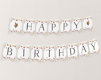 Banner de aniversário com flores silvestres, Banner de feliz aniversário com flores para imprimir, Banner de feliz 1º aniversário, Decoração de primeiro aniversário com flores.