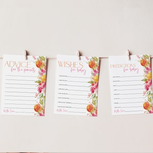Citrus Baby Shower Advice, Baby Shower Predictions, Baby Shower Wishes, Advice Card, Editable Games, Citrus Baby Games Floral Orange Pink