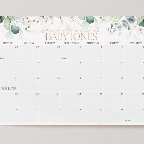 Baby Shower Due Date Calendar Greenery Baby Birth Date Sign Etsy