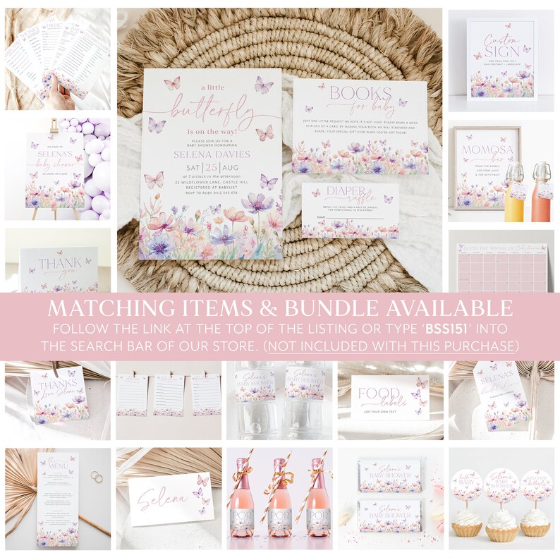 May include: A set of printable baby shower party decorations featuring a watercolor butterfly design with purple, pink, and blue accents. The set includes a welcome sign, a diaper raffle sign, a food label, a thank you sign, a custom sign, a book for baby sign, a momosa bar sign, and a baby shower invitation. The text on the invitation reads "a little butterfly is on the way! Selena Davies Sat 25 Aug".