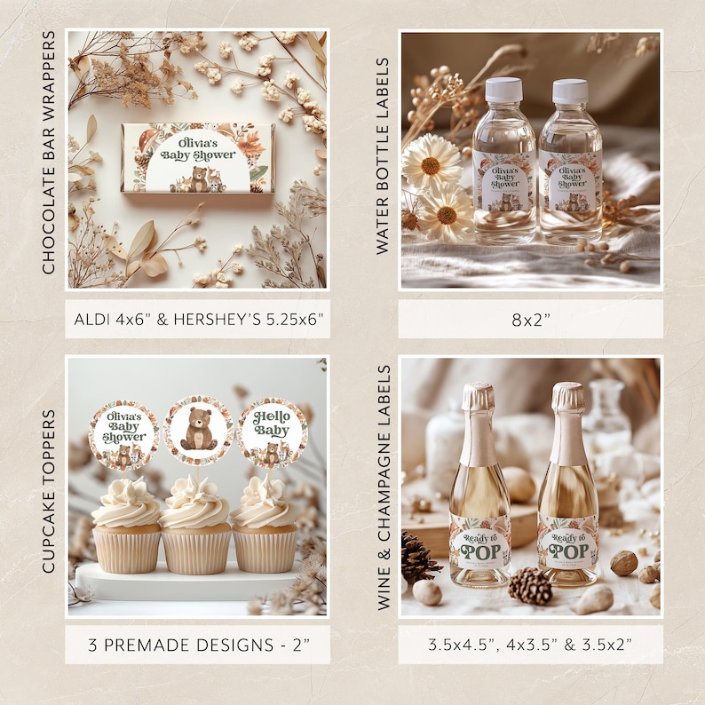 May include: A set of printable baby shower party decorations featuring a woodland theme with a brown bear, floral accents, and the text "Olivia's Baby Shower". The set includes cupcake toppers, chocolate bar wrappers, water bottle labels, and wine and champagne labels.
