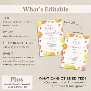 May include: Editable template for a baby shower or brunch invitation. The design features a watercolor illustration of citrus fruits, flowers, and leaves. The text reads "Join us for a Baby Shower" and "Honoring [Name]" with the date and time.