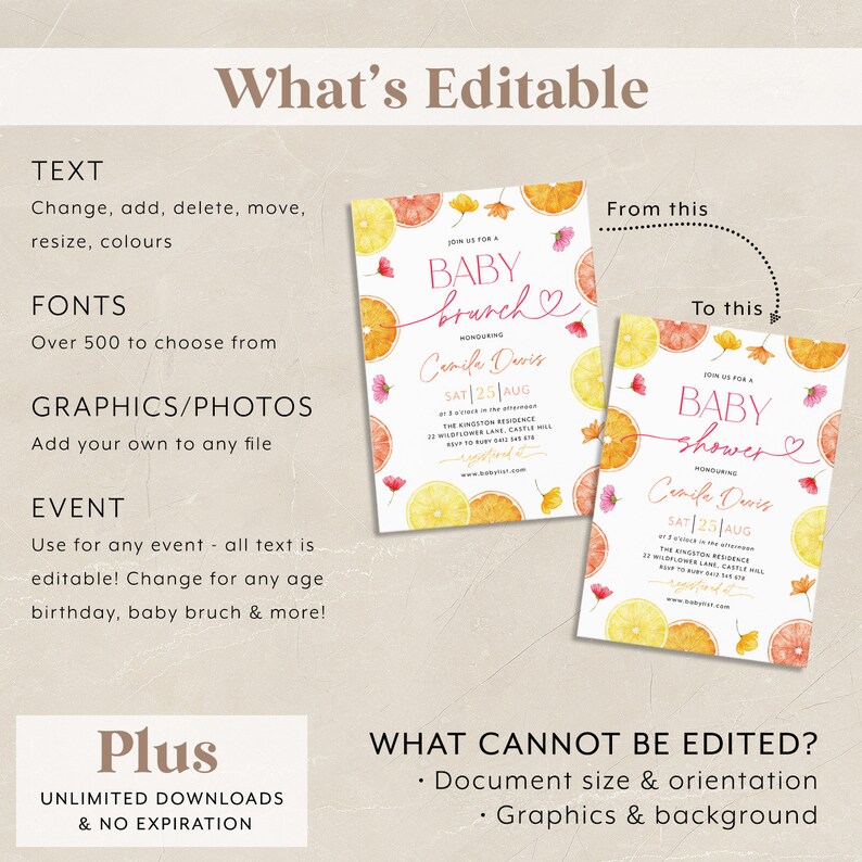 May include: Editable template for a baby shower or brunch invitation. The design features a watercolor illustration of citrus fruits, flowers, and leaves. The text reads "Join us for a Baby Shower" and "Honoring [Name]" with the date and time.