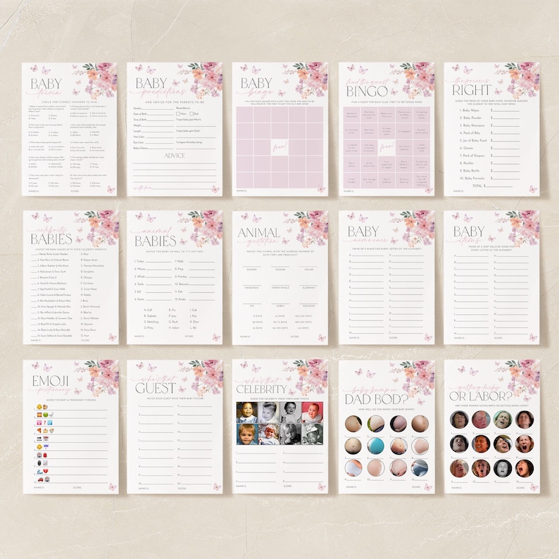 Baby in Bloom Baby Shower Games, Butterfly Baby Shower Games Printable, Pink Purple Wildflowers Butterflies Girl Baby Shower Games Bundle image 2