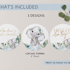 Elephant Cupcake Toppers, Boy Baby Shower Cupcake Toppers, Printable Blue Floral Baby Shower Cupcake Topper, Editable Cupcake Toppers Baby image 4