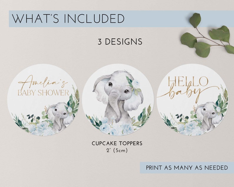 Elephant Cupcake Toppers, Boy Baby Shower Cupcake Toppers, Printable Blue Floral Baby Shower Cupcake Topper, Editable Cupcake Toppers Baby image 4