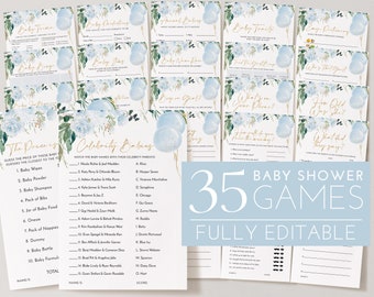 May include: A set of 35 printable baby shower game cards with a blue and white watercolour floral design. The cards feature a variety of games, including "The Price is Right", "Celebrity Babies", "Boy or Girl", "What's on Your Phone", "How Old Was She", and "What Did They Say?"