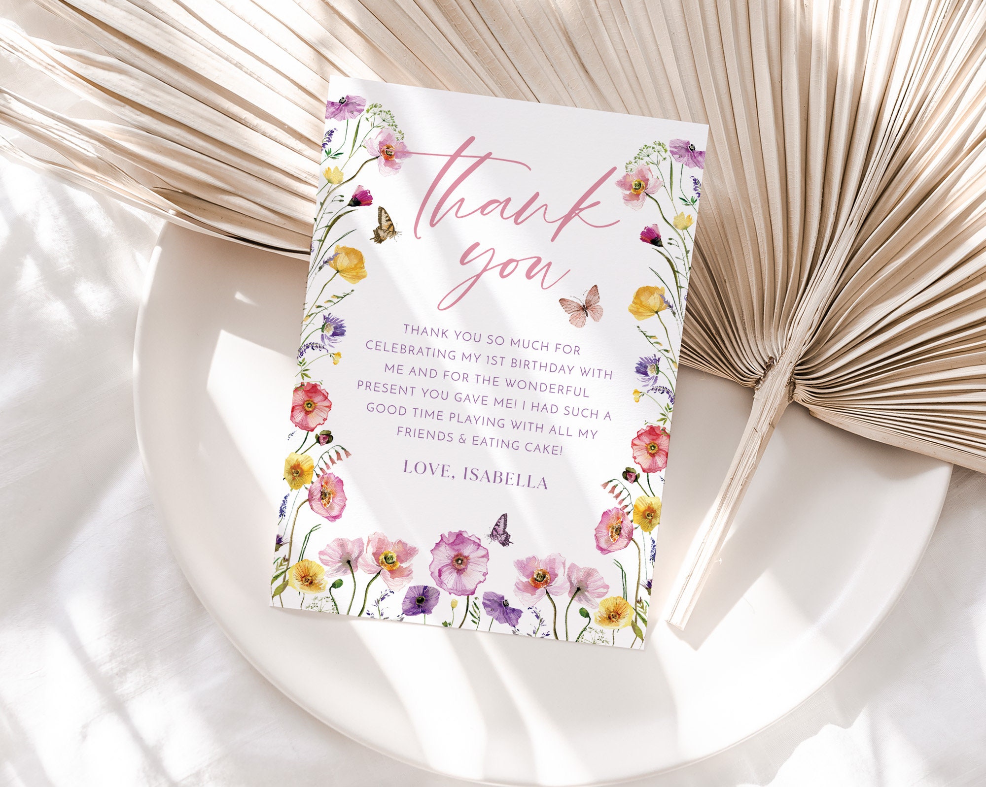 Wildflower Birthday Thank You Card Template, Printable Thank You Card ...