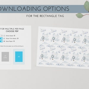 May include: A printable PDF sheet with 10 blue and white thank you cards featuring a hot air balloon with the text "Thanks for celebrating my 1st birthday!" and "One & Done!" with the name "Leonardo" underneath. The cards are designed for multiple per page printing and have options for bleed, trim marks, and saving paper.