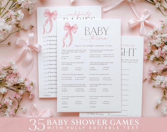 Pink Bow Baby Shower Games, Pink Bow Games Printable, Pink Bows Girl Baby Shower Games Bundle, Pink Ribbon, Minimalist Baby Party Games Pack