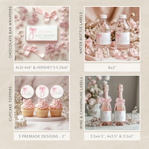 May include: Pink and white baby shower party decorations including cupcake toppers, chocolate bar wrappers, water bottle labels, and wine and champagne labels. The labels feature a pink bow and the text "Baby Shower".