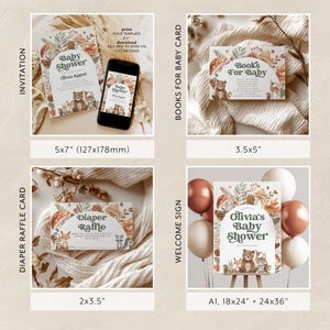 May include: A set of printable baby shower cards featuring a woodland theme with brown, green, and orange colours. The cards include a welcome sign, a diaper raffle card, a book request card, and an invitation. The text on the cards reads "Olivia's Baby Shower", "Diaper Raffle", "Books for Baby", and "Baby Shower".