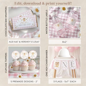 May include: A collection of party supplies with a bee theme. Includes chocolate bar wrappers, water bottle labels, cupcake toppers, and a high chair banner. The items are decorated with a bee and the text "Phoebe's First Bee-Day!"