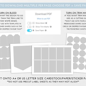 May include: A guide on how to use bleed and trim marks when downloading printable templates. The image shows three different template layouts: a set of tags, a single large tag, and a sheet of circles. The text reads "Turn on Bleed", "Download PDF", "Turn on Trim Marks", and "Print onto A4 or US Letter Size Cardstock/Paper/Sticker Paper".