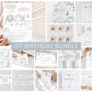 Mr Onederful 1st Birthday Invitation Bundle, Hot Air Balloon Birthday Invitation, Rainbow Birthday Party, 1st Birthday Boy Decor Invite Blue