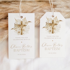 Baptism Favour Tags, Editable Tags, Christening Favor Tags, Boho Gold Favour Tags, Thank You Tag, Baptism Gift Tag, Rectangle Favor Tag Gold