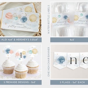 May include: A set of printable party decorations for a first birthday with a space theme. The set includes cupcake toppers, chocolate bar wrappers, water bottle labels, and a high chair banner. The decorations feature watercolour planets, stars, and the number one in gold glitter.