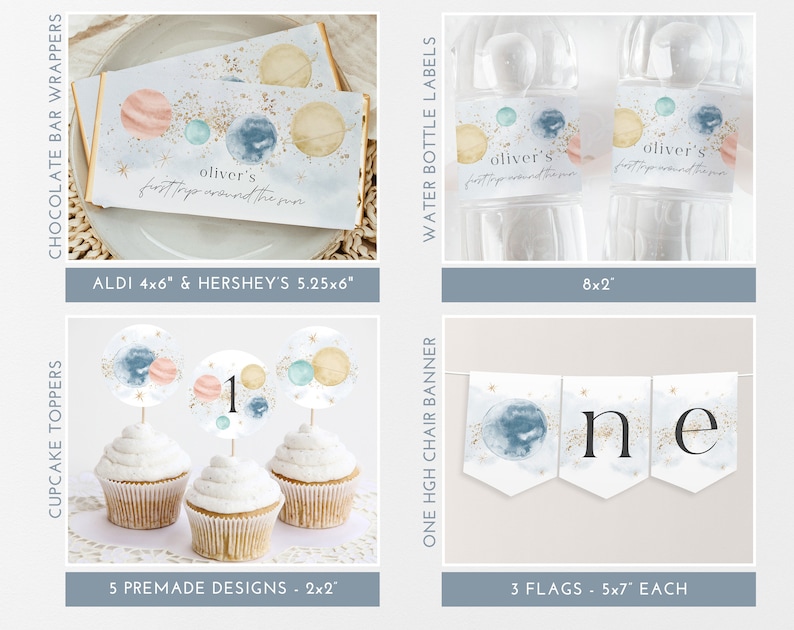 May include: A set of printable party decorations for a first birthday with a space theme. The set includes cupcake toppers, chocolate bar wrappers, water bottle labels, and a high chair banner. The decorations feature watercolour planets, stars, and the number one in gold glitter.