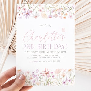 Wildflower Birthday Invitation, 2nd Birthday Invitation Girl, Girls Birthday Flower Invitation, 2nd Birthday Girl, Wildflower Birthday Pink