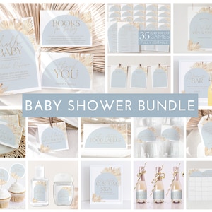 Pacchetto invito Boho Baby Shower, invito stampabile per Baby Shower e giochi modificabili, decorazioni Boho Baby Shower, Boy Baby Shower Blue