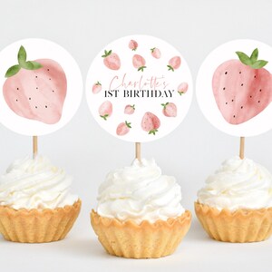 Berry Cupcake Toppers, Printable Cupcake Topper, Strawberry Cupcake Topper, 1st Birthday Editable Cupcake Toppers, Berry First Birthday Girl image 4