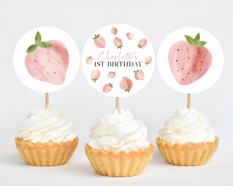 Berry Cupcake Toppers, Printable Cupcake Topper, Strawberry Cupcake Topper, 1st Birthday Editable Cupcake Toppers, Berry First Birthday Girl image 4