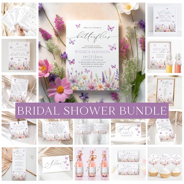 Lifetime of Butterflies Bridal Shower Invitation Bundle, Butterfly Bridal Shower Games Editable, Printable Bridal Shower Bundle Butterflies