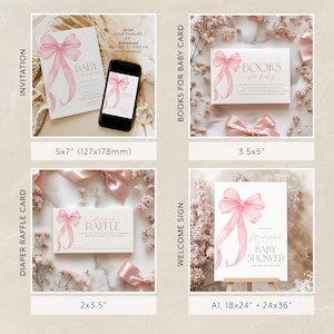May include: A set of printable baby shower cards featuring a watercolor pink bow design. The cards include an invitation, a diaper raffle card, a welcome sign, and a books for baby card. The cards are available in various sizes, including 5x7 inches, 3.5x5 inches, 2x3.5 inches, and 18x24 inches.