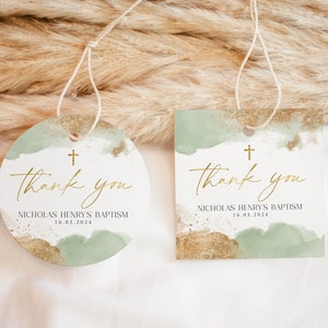 Baptism Favour Tags, Editable Tags, Christening Favor Tags, Sage and Gold Favour Tags, Thank You Tag, Baptism Gift Tags, Green Thank You Tag