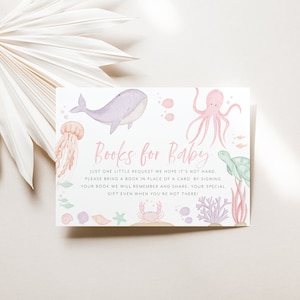 Under the Sea Books For Baby Card Printable, Baby Shower Book Request Card, Ocean Animals, Under the Sea Girl Baby Shower Pink Book For Baby
