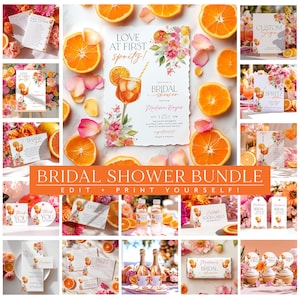 Love at First Spritz Bridal Shower Invitation Bundle, Citrus Bridal Shower Bundle, Editable, Printable Citrus Floral Pink Orange Aperol