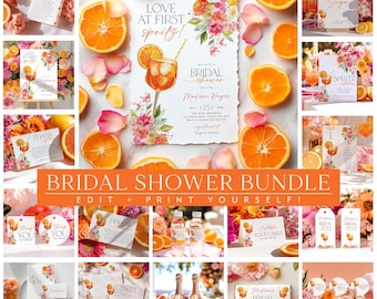Puede incluir: Un paquete para despedida de soltera con temática cítrica. El diseño incluye invitaciones, letreros y etiquetas con detalles florales de acuarela y rodajas de naranja. El texto incluye "Love at First Spritz" y "Bridal Shower".