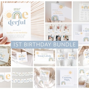 Mr Onederful Rainbow 1st Birthday Invitation Bundle, Mr Onederful Birthday Invitation, Rainbow Birthday Party, 1st Birthday Boy, Sun Invite