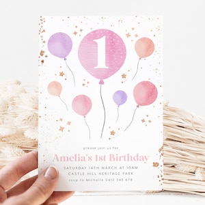 1st Birthday Invitation, Balloons Birthday Invitation, Pink Birthday Invite, 1st Birthday Girl, Girls First Birthday Balloon Invitation Pink